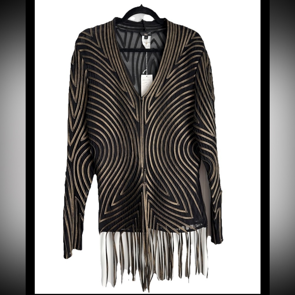 IKA Couture 90’sVINTAGE Gold Metallic Blk Mesh Zip Fringe Jacket Rare NWT Sz 12
